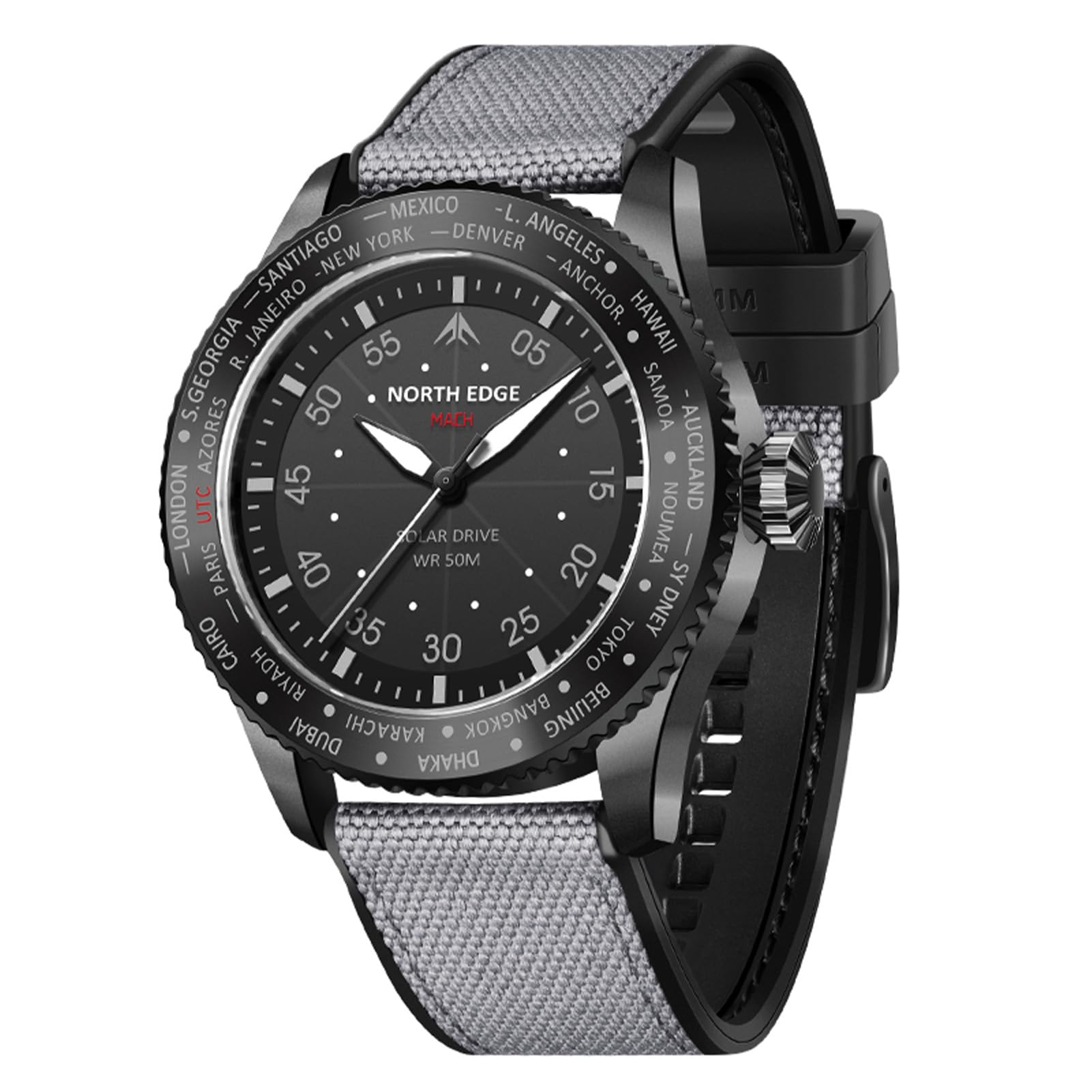 plplaaoo North Edge Mach Pilot Solar Watch para Hombres Visión Nocturna de cronógrafo Impermeable de 50 m Que Dura hasta 180 días Case de Acero Inoxidable de Acero Inoxidable TPR TPR TPR