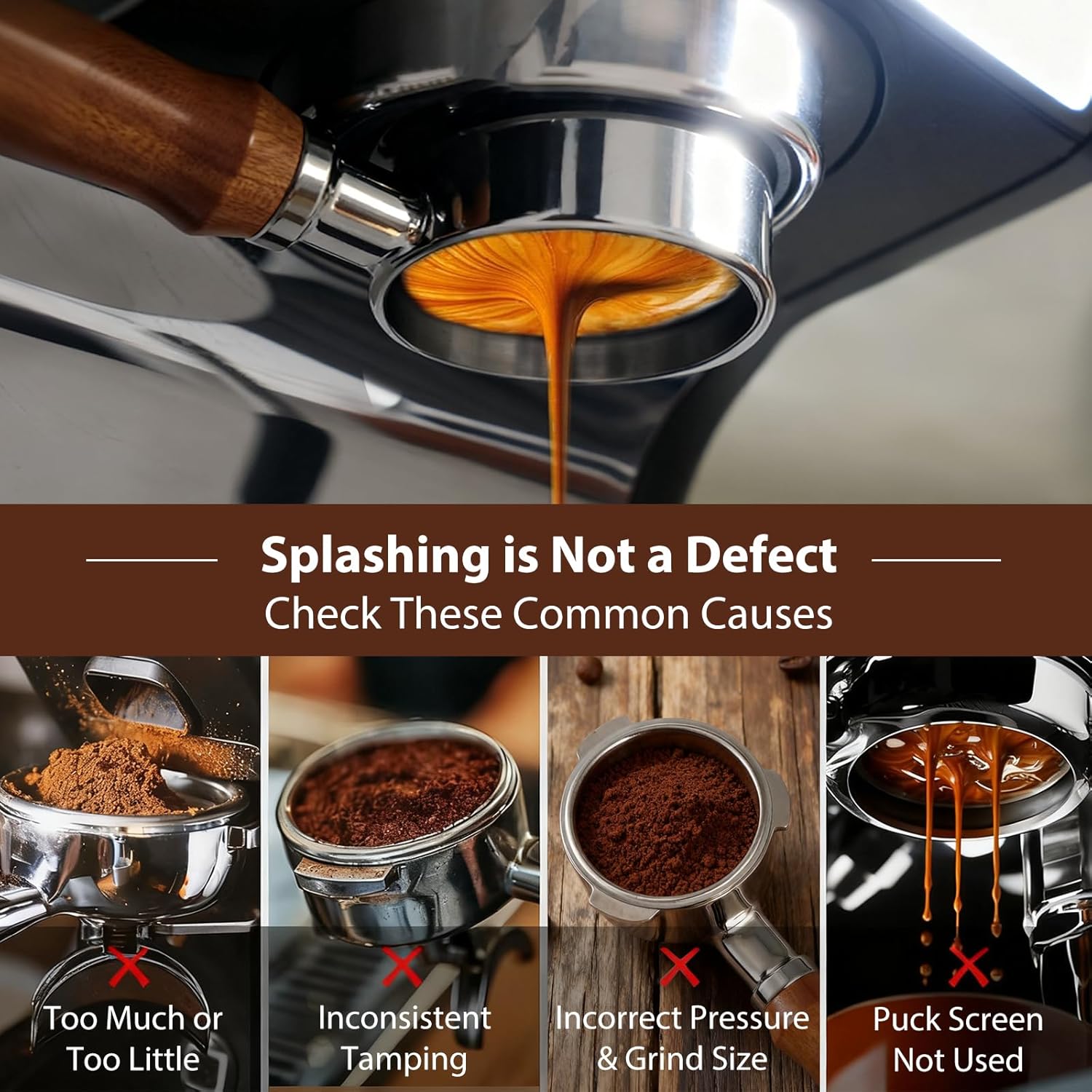 51mm Bottomless Portafilter for CM5418, 3 Ears Espresso Portafilter Compatible for CASABREWS CM5418, 3700Essential and 5418 Pro, Stainless Steel Filter Holder and Wood Handle with Puck Screen