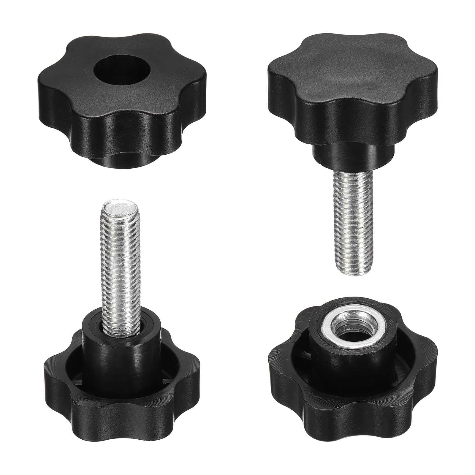 sourcing map 2 Set Star Knobs M12 x 40mm Male + M12 Female Thread 48mm Head Metric 6-Star Threaded Stud Clamping Handles Screw in Through Hole Hand Jig Knob Thumb Screws, Black