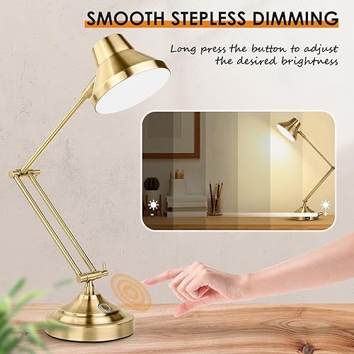 Miniatura 3 de Lámpara de escritorio LED con puerto USB, lámpara de mesa táctil regulable con 3 modos de color, luz de lectura dorada con brazo ajustable, lámpara