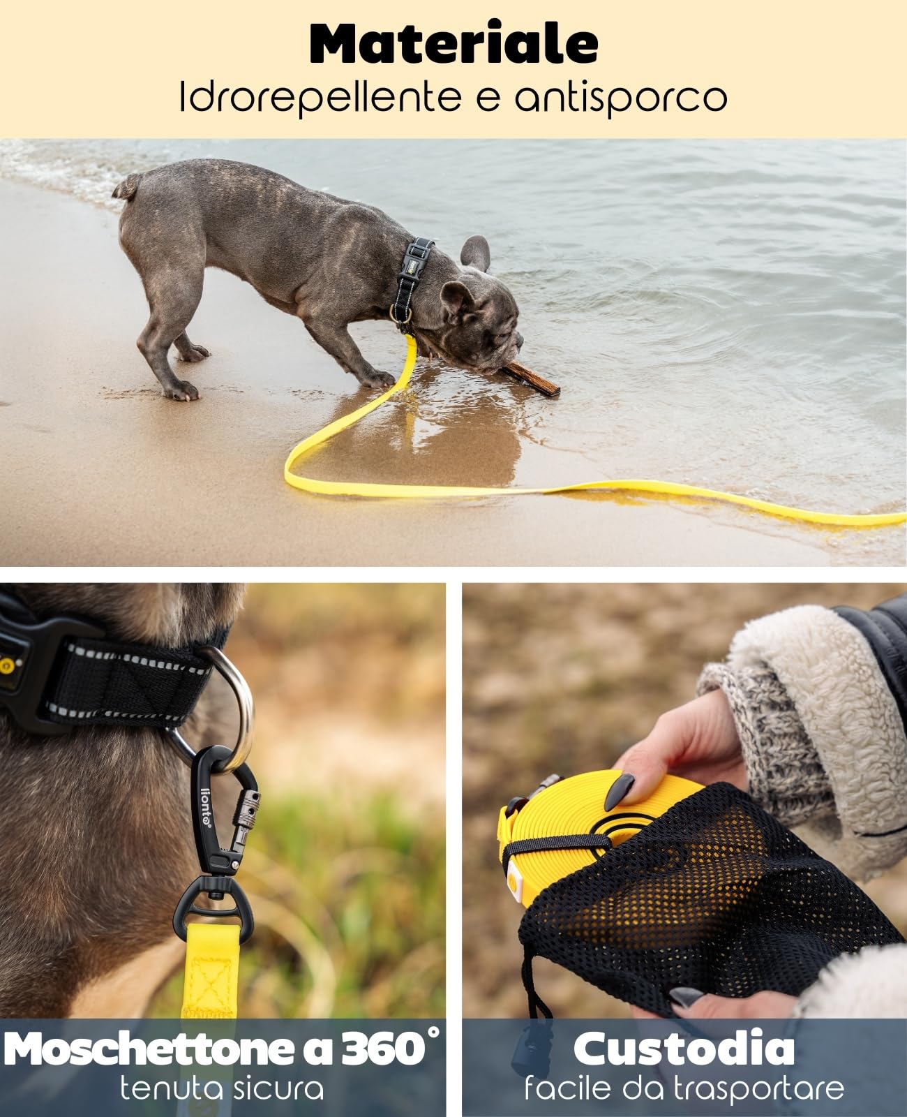 lionto Guinzaglio a traino con moschettone di sicurezza a 360°, 10 m, con borsa e maniglia imbottita, robusto guinzaglio in tessuto di nylon con riporto in PVC per l'addestramento dei cani, giallo