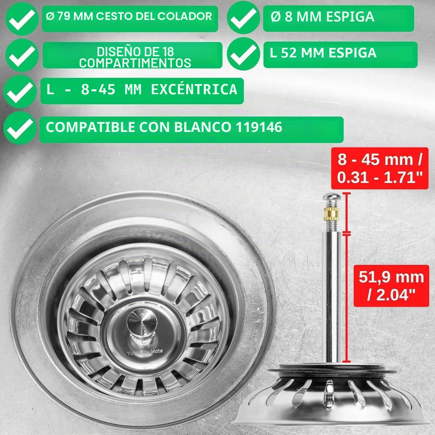 Blanco 119146 - Escurridor de Acero Inoxidable con piñas para manejo excéntrico (7,9 cm, 18 Ranuras de desagüe, artículo Original)