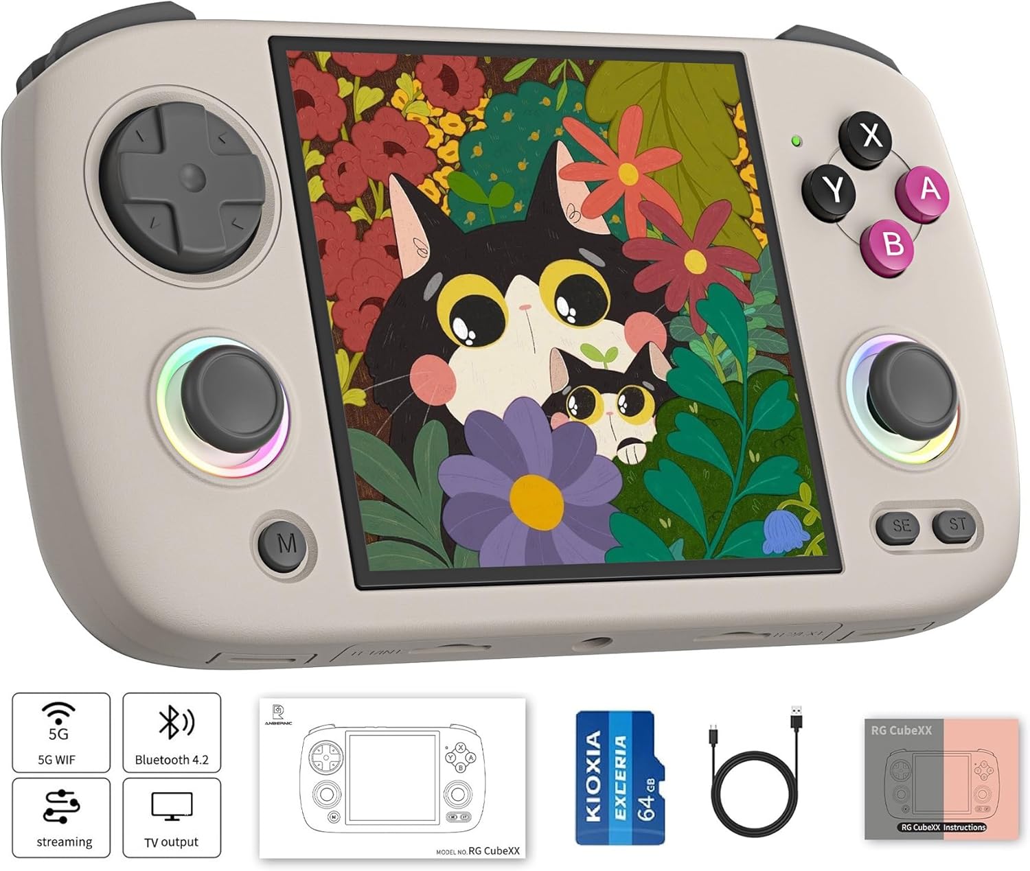 RG CubeXX Retro Handheld Game Console , 3.95 Inch IPS Screen Linux System Built-in 64G TF Card Support TV Output (Gray)