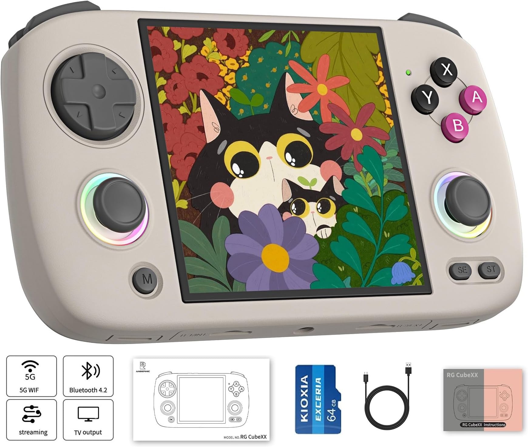 RG CubeXX Retro Handheld Game Console , 3.95 Inch IPS Screen Linux System Built-in 64G TF Card Support TV Output (Gray)