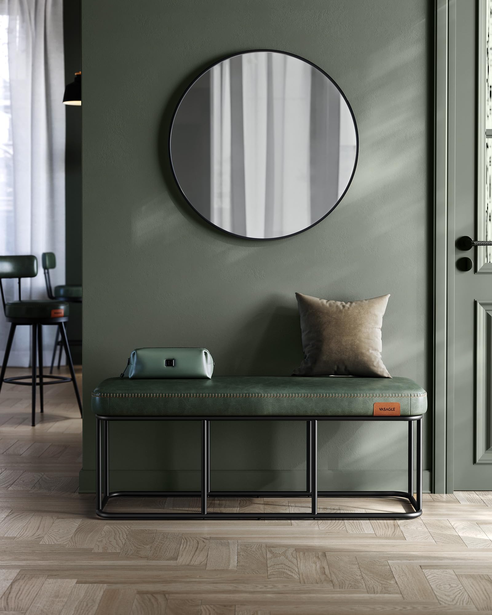 VASAGLE EKHO Collezione - Panca da Ingresso Camera da Letto, PU con Cuciture, Struttura in Acciaio, Soggiorno Sala da Pranzo, Moderno di Metà Secolo, Portata di 300 kg, Verde Foresta LOM073C01