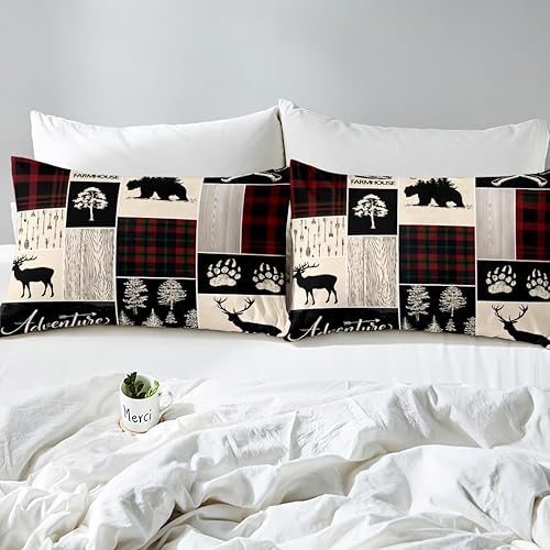Miniatura 5 de Funda de edredón retro de cabaña juego de ropa de cama rústica de retazos oso de caza ciervo vida silvestre para niños adolescentes y adultos juegos