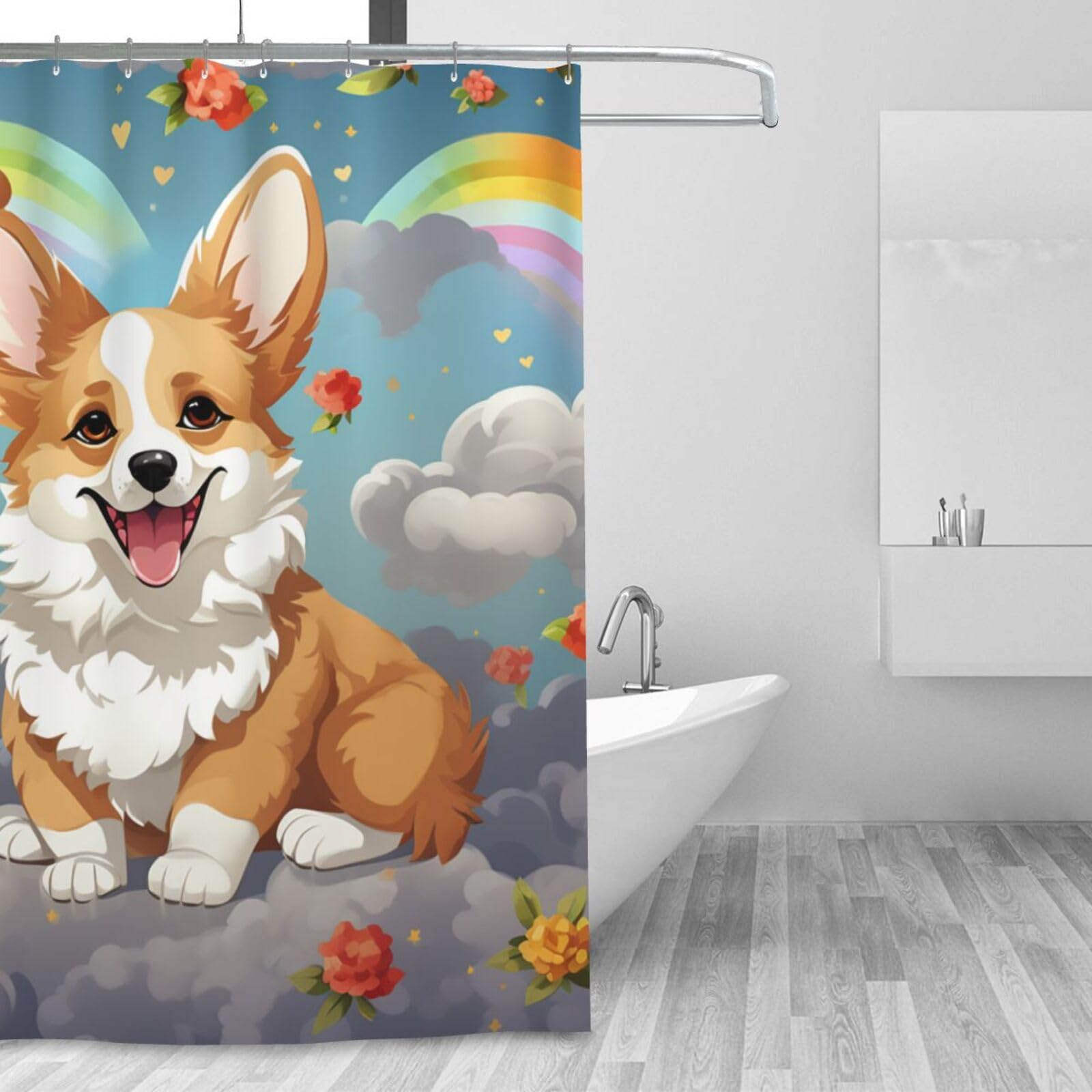 Rideau de douche licorne corgi imperméable lavable avec 12 crochets pour salle de bain 183x183 cm