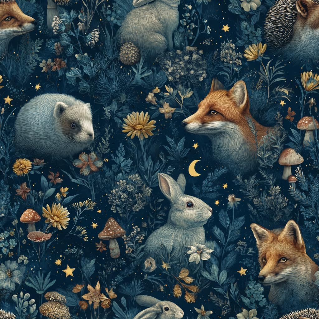 Night Animal Wallpaper Star Moon Tone Peel and Stick Removable 17.7" x 118.11" Floral & Mushroom Detail Wall Paper Self Adhesive for Classroom Bedroom Laundry Room Bathroom