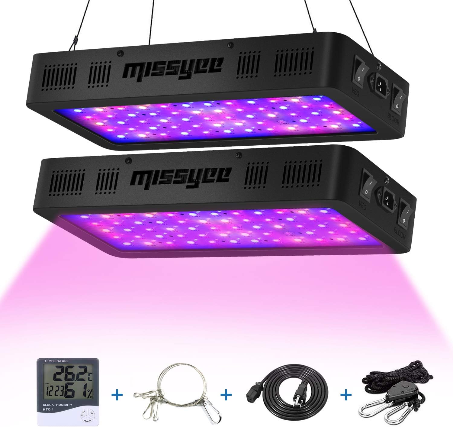 2 Pack 600W LED Plant Grow Light with Thermometer Humidity Monitor, Adjustable Rope, Full Spectrum Double Switch Plant Light for Indoor Plants Veg and Flower - 600W (10W LEDs 60Pcs)
