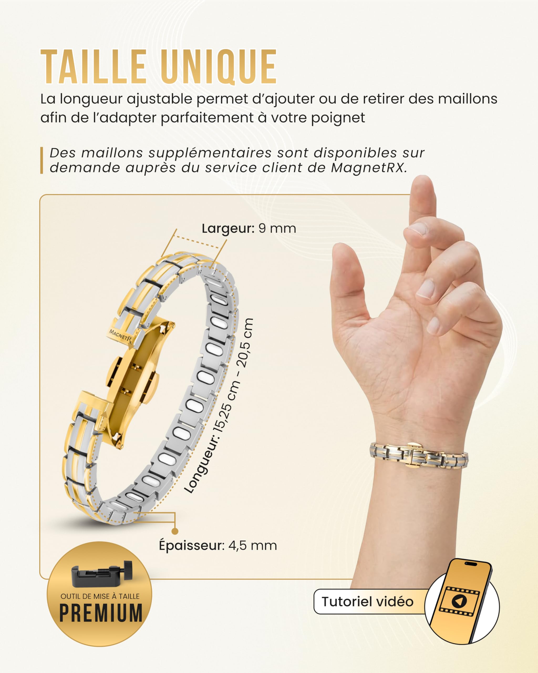 MagnetRX® Bracelet Magnétique Femme en Titane · EllipseMAX 5X · Bracelet Aimanté Surpuissant 5 000 Gauss · Bijou Magnétique Élégant à Longueur Ajustable (Argent/Or)