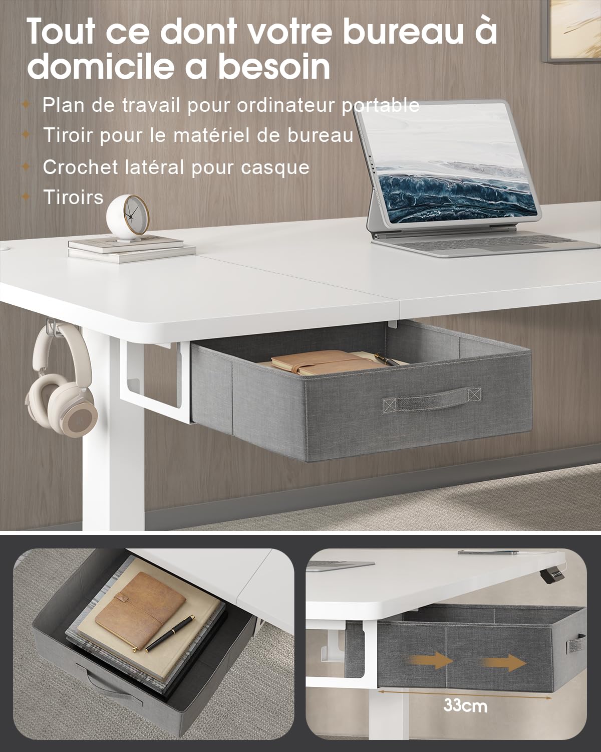 Devoko Höhenverstellbarer Schreibtisch 160x80cm, Schreibtisch Höhenverstellbarer mit Schubladen, USB-A Ladeanschluss, Computertisch mit Kabel Management Tray, Standing Desk mit 3 Memory Funktion Weiß