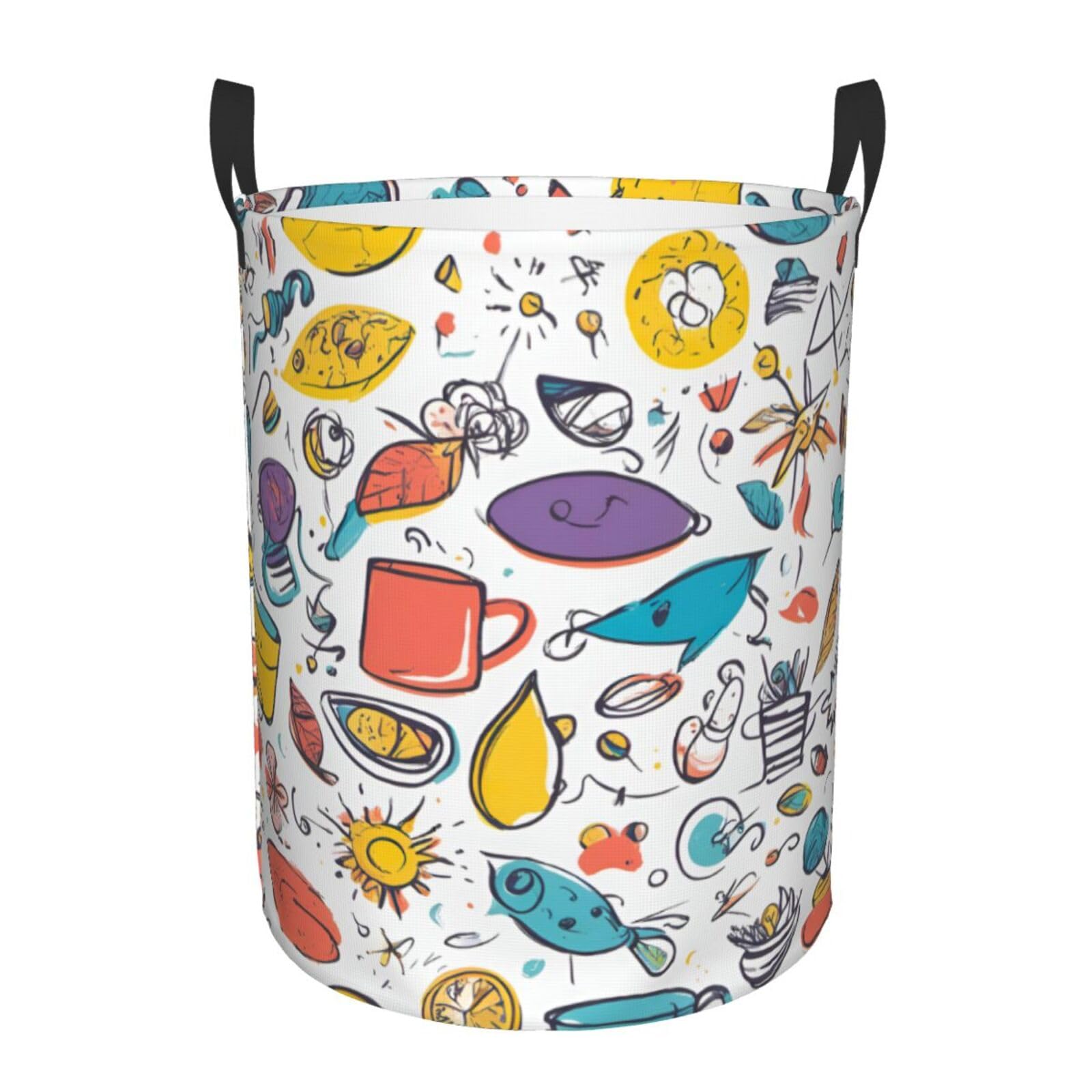 S Collapsible Laundry Hamper Round colorful Hand Drawn Feathers On White Print Storage