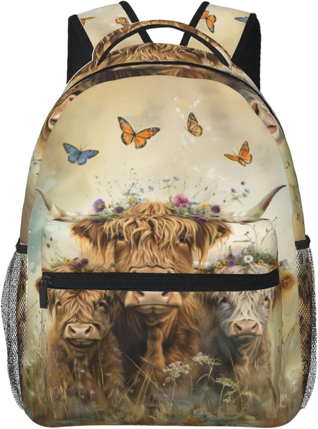 Rustic Highland Cow with Floral Crown Backpack for Women Teen Girls School Laptop College Country Farm Animal Backpacks for Gifts Travel Hiking Work Camping, Polyester Lightweight Bookbag Back Pack
