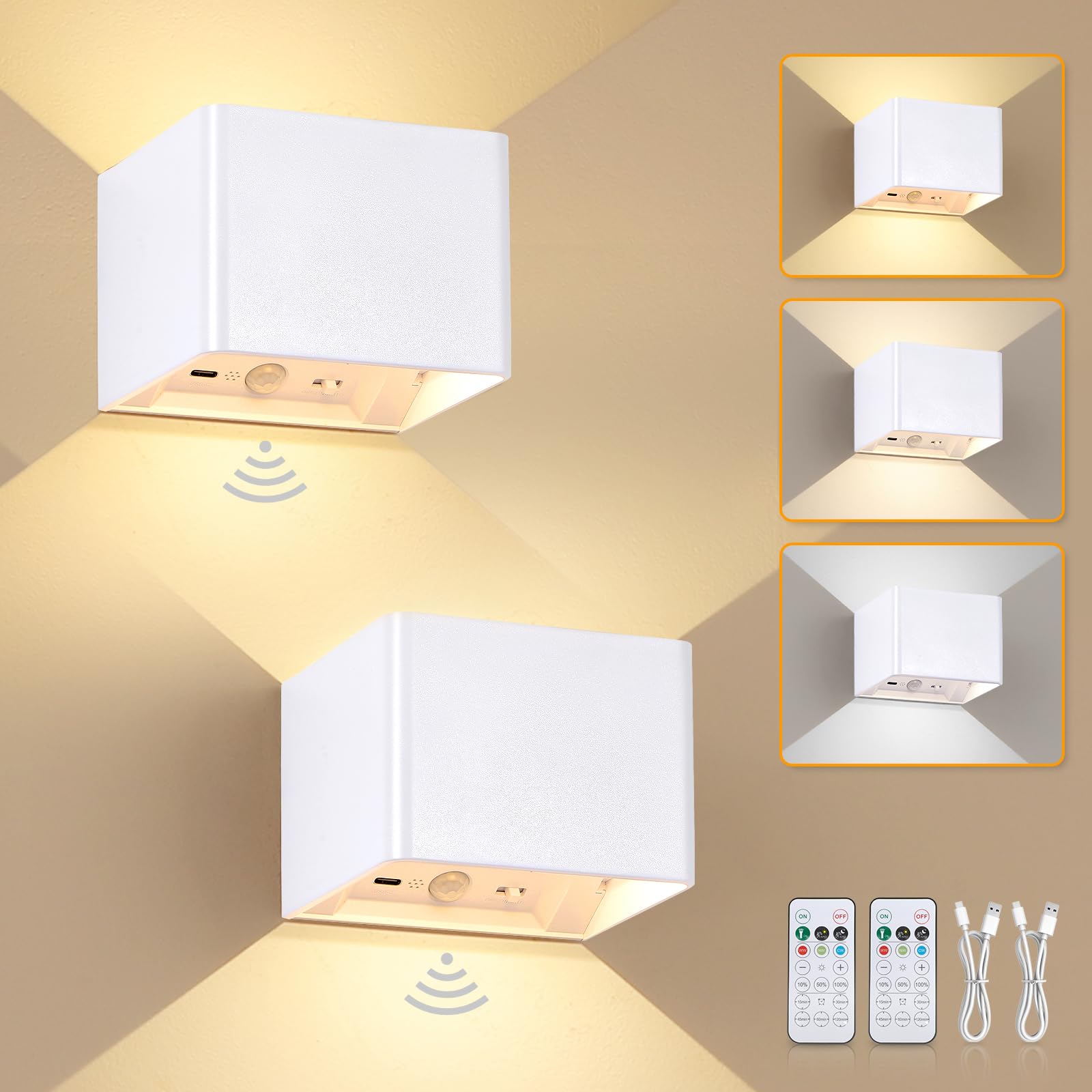 Rechargeable Wall Lights with Motion Sensor, 5400mAh Battery Operated Wall Lamps with Remote Control, Dimmable and 3 Colors, On and Auto Modes Indoor Wall Sconces for Bedroom, Hallway, White 2 Pack