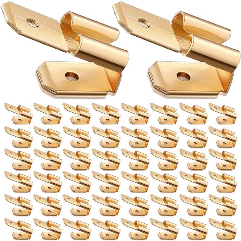 HAAMNING7 Double Piggyback Spade Connector, 3-way Dual Male to Single Female Quick Disconnevt Piggyback Spade Crimp Terminals Assortment Kit (Gold, 50 Pack)