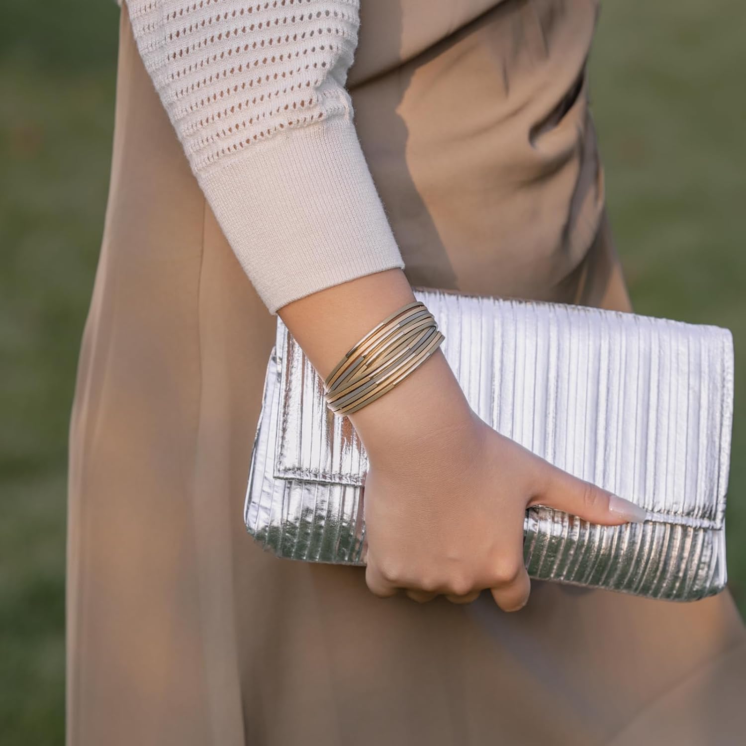 FANCY SHINY Boho Leather Bangle Bracelets Stackable Noodle Tube Bracelets Layered Wrap Cuff Bracelets with Magnetic Clasp - Image 3