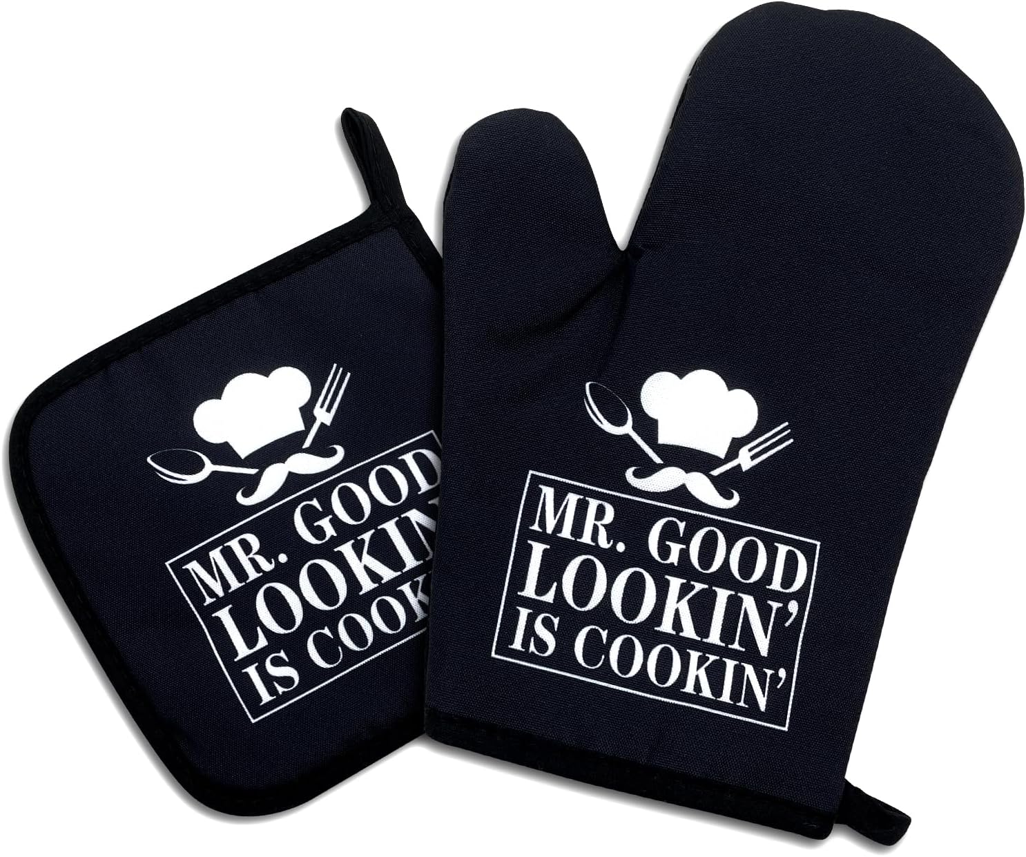 Mr.Good Looking is Cooking,Funny Oven Mitts and Pot Holders Sets of 2,Silicone Non-Slip Oven Mitts,Kitchen Gift for Men,Cooking Baking BBQ Gifts,Housewarming Gifts