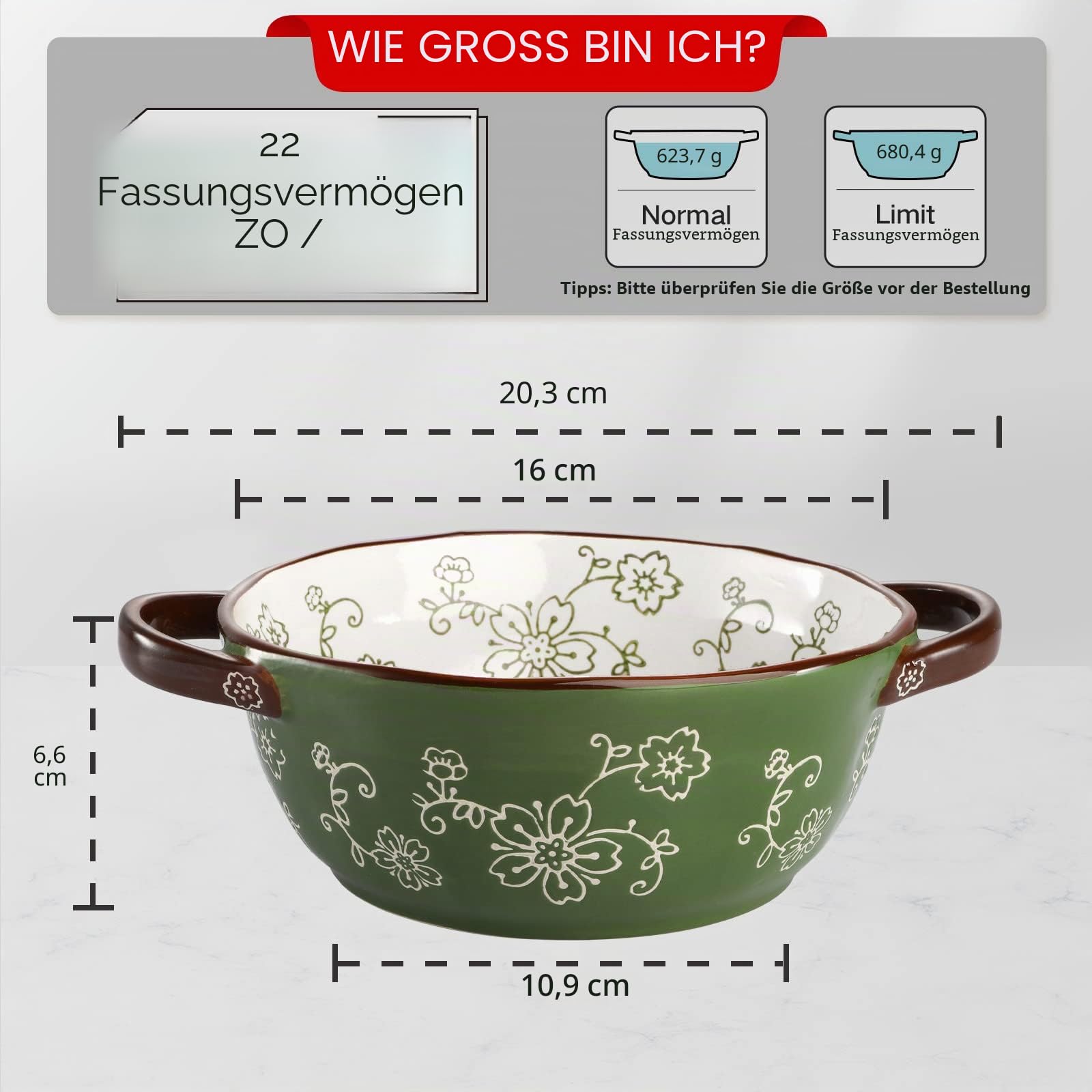 AVLA Keramik-Suppenschüsseln, 625 ml, Porzellan-Servierschüssel-Set mit Doppelgriff, große Keramiktöpfe für französische Zwiebelsuppe, Eintopf, Nudeln, Müsli, Topfkuchen (grün)