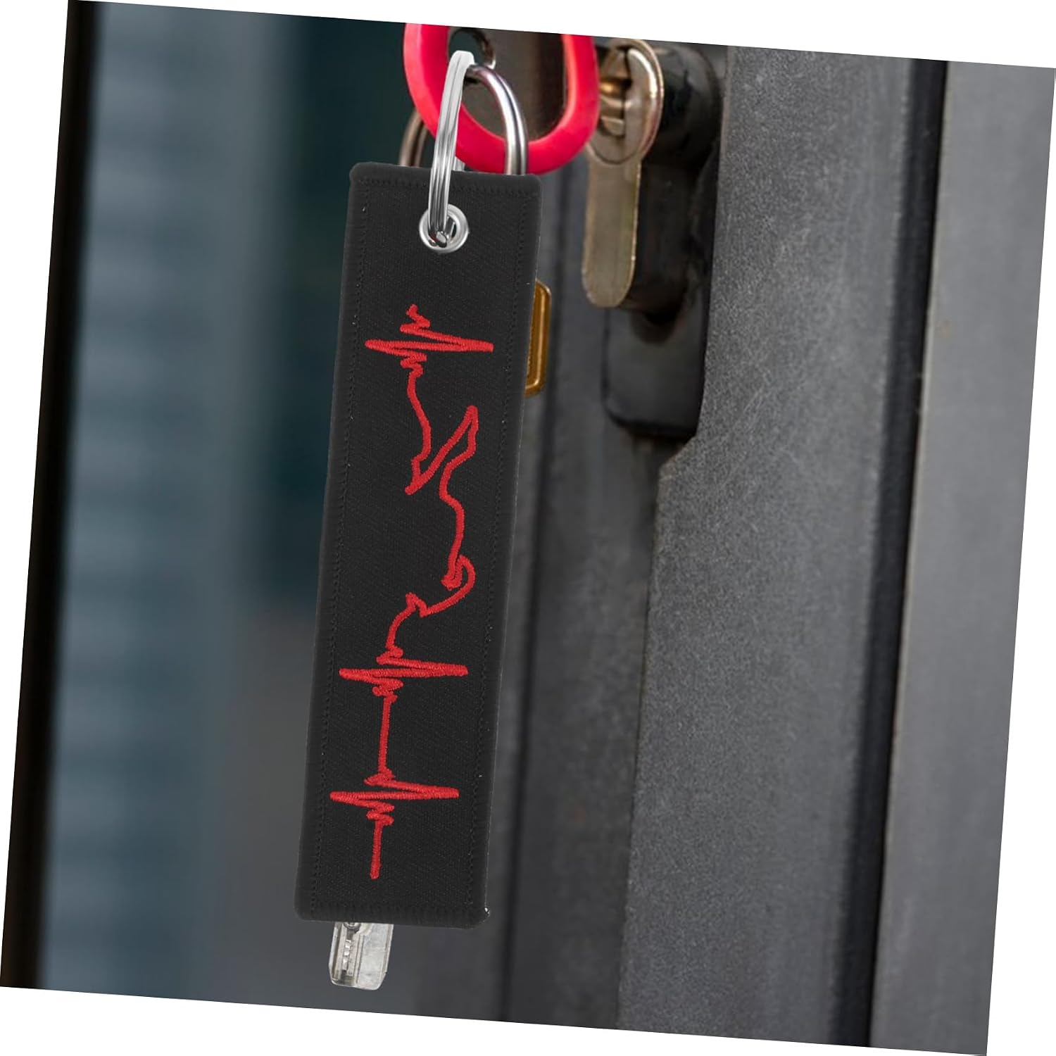 Mobestech Stylish Red Heartbeat Embroidered Keychain Pendant for Motorcycle and Car Keys Durable with Elegant Stitching Men and Women