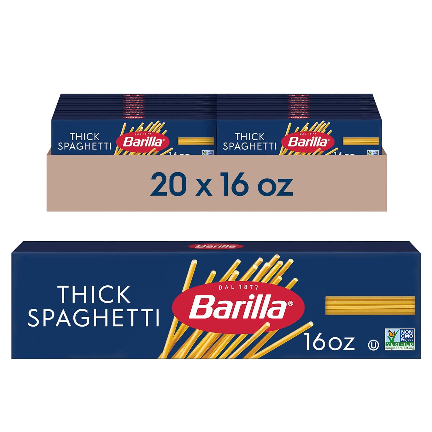 Barilla Thick Spaghetti Pasta, 16 oz. Box (Pack of 20) - Non-GMO, Made with Durum Wheat Semolina - Kosher Certified