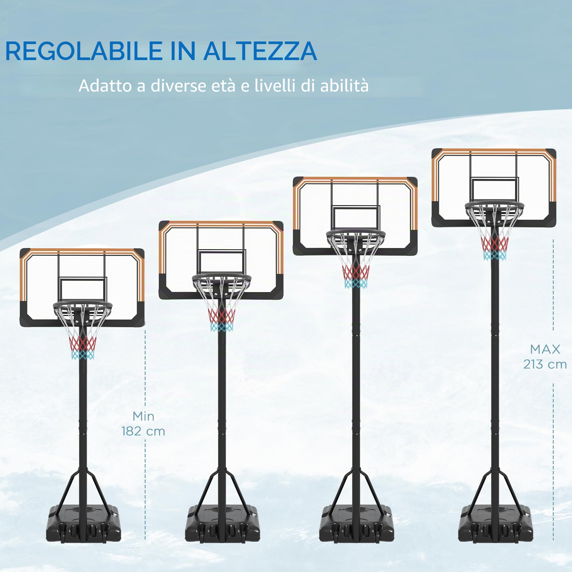 SPORTNOW Canestro da basket per esterni, con supporto, altezza 182-213 cm, altezza regolabile in altezza, con ruote, base con sabbia d'acqua, impianto da basket per ragazzi, adulti, cortili, giardini