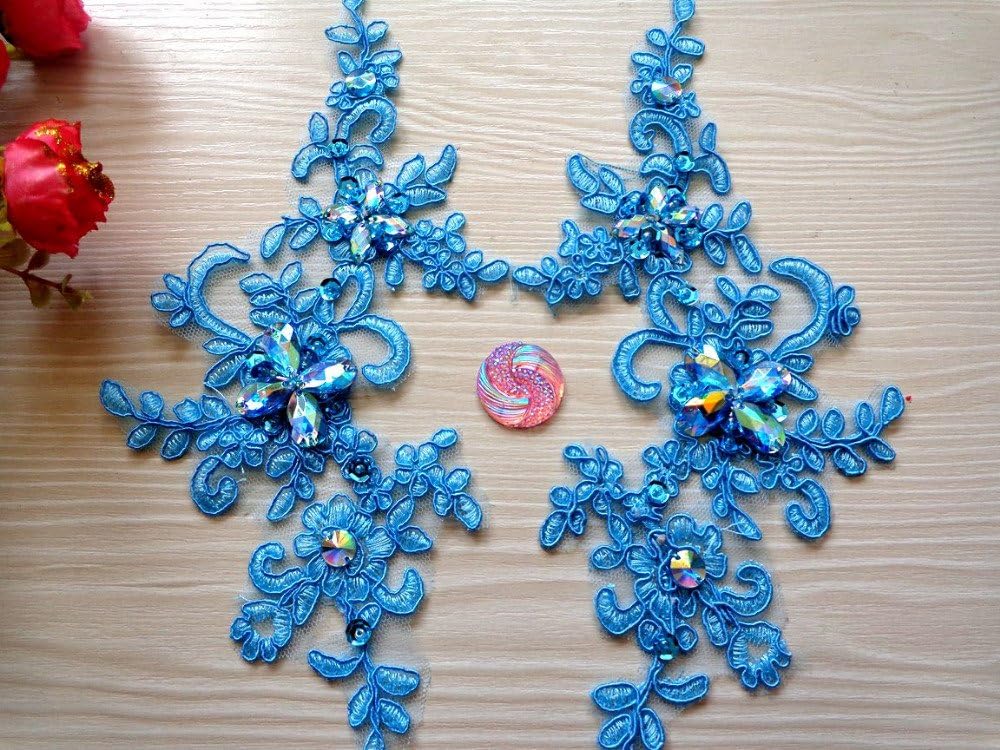 Hand Made Crystal Sequins Sew on Rhinestones Light Blue Lace Applique 23x10cm for Dress DIY Accessories