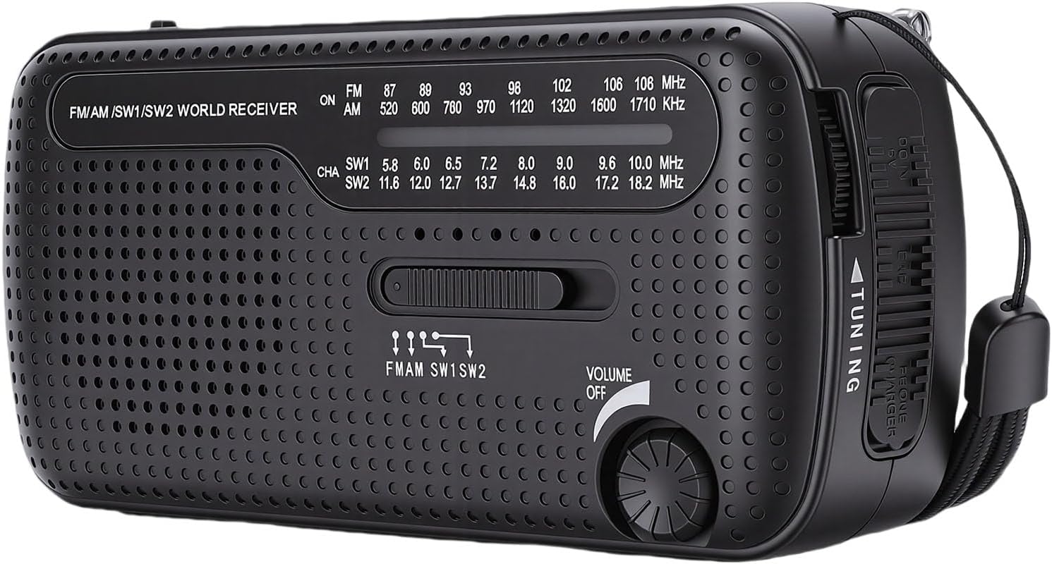 Photo voltaic Hand Crank Radio, Emergency Climate Radio NOAA AM FM Shortwave with 5 Method Energy, LED Flashlight SOS, 1200mAh, for Emergency, Tenting, Journey (Black)