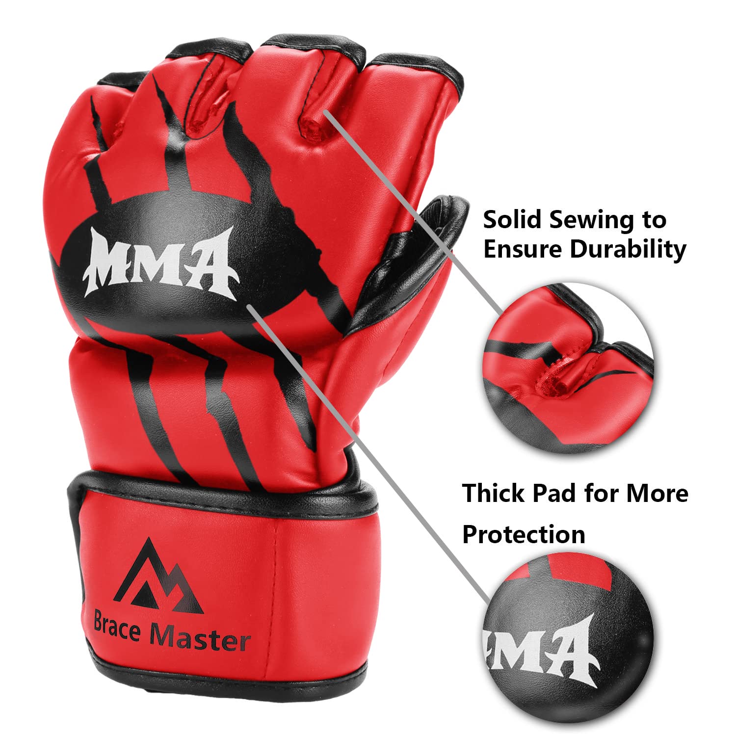 Gants MMA Brace Master – Cuir, Sans Doigts, Protection Renforcée, Pour Hommes Et Femmes (Noir, Taille L)