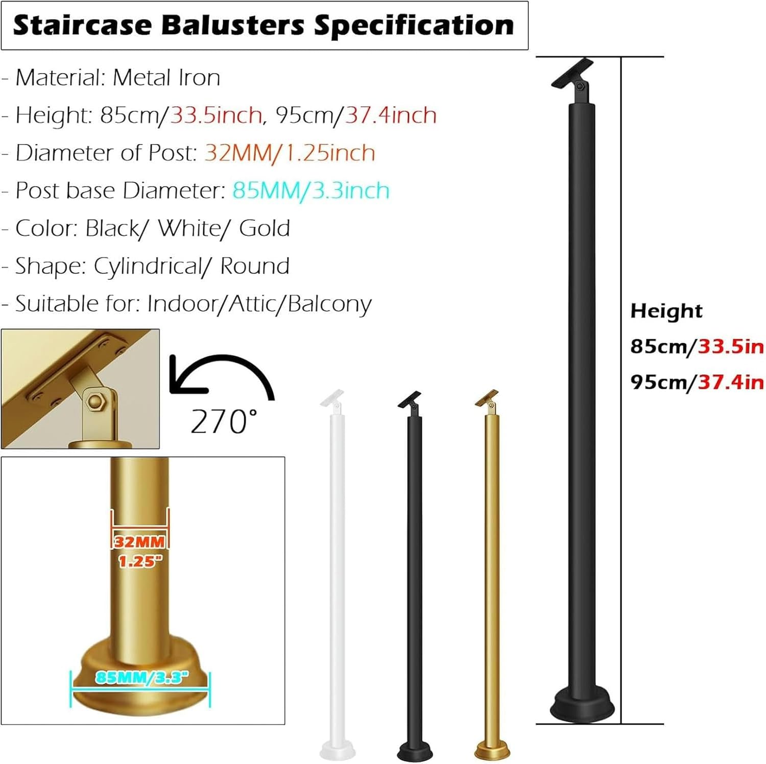 Round Spindles for Staircase, 2 4 6 Pieces Modern Iron Stairs Balusters Interior Porch Balcony Stairway Banisters Post/Column with Slant 270° Swivel Top Bracket & Screws