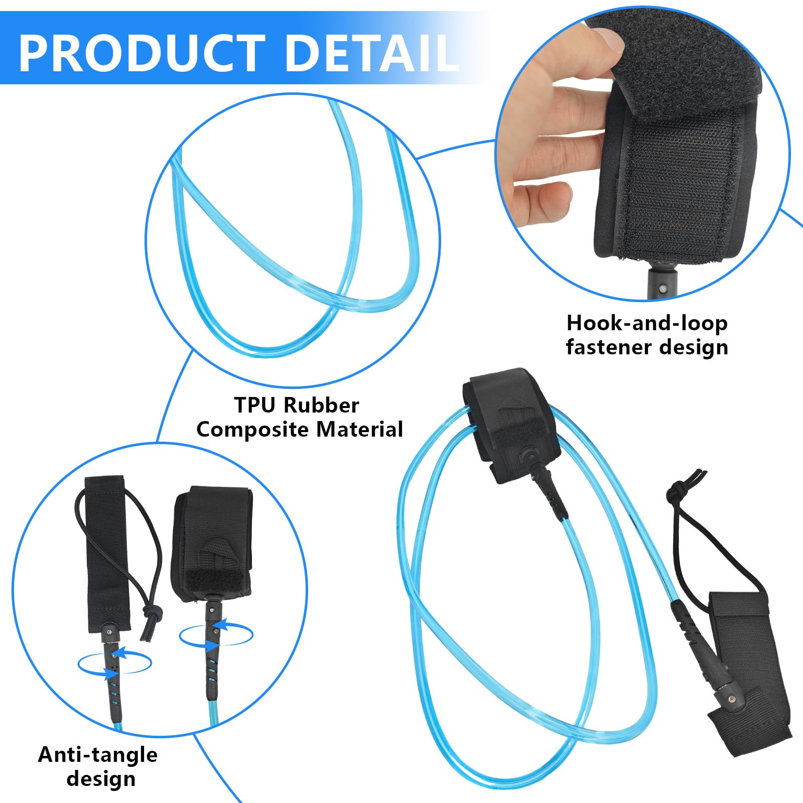 Surfboard Leash 6 FT, Surfbrett-Leinen Gerades Seil mit Doppelte Rotierendem Edelstahlkopf für Stand Up Paddle Board und Surfboard - Blau