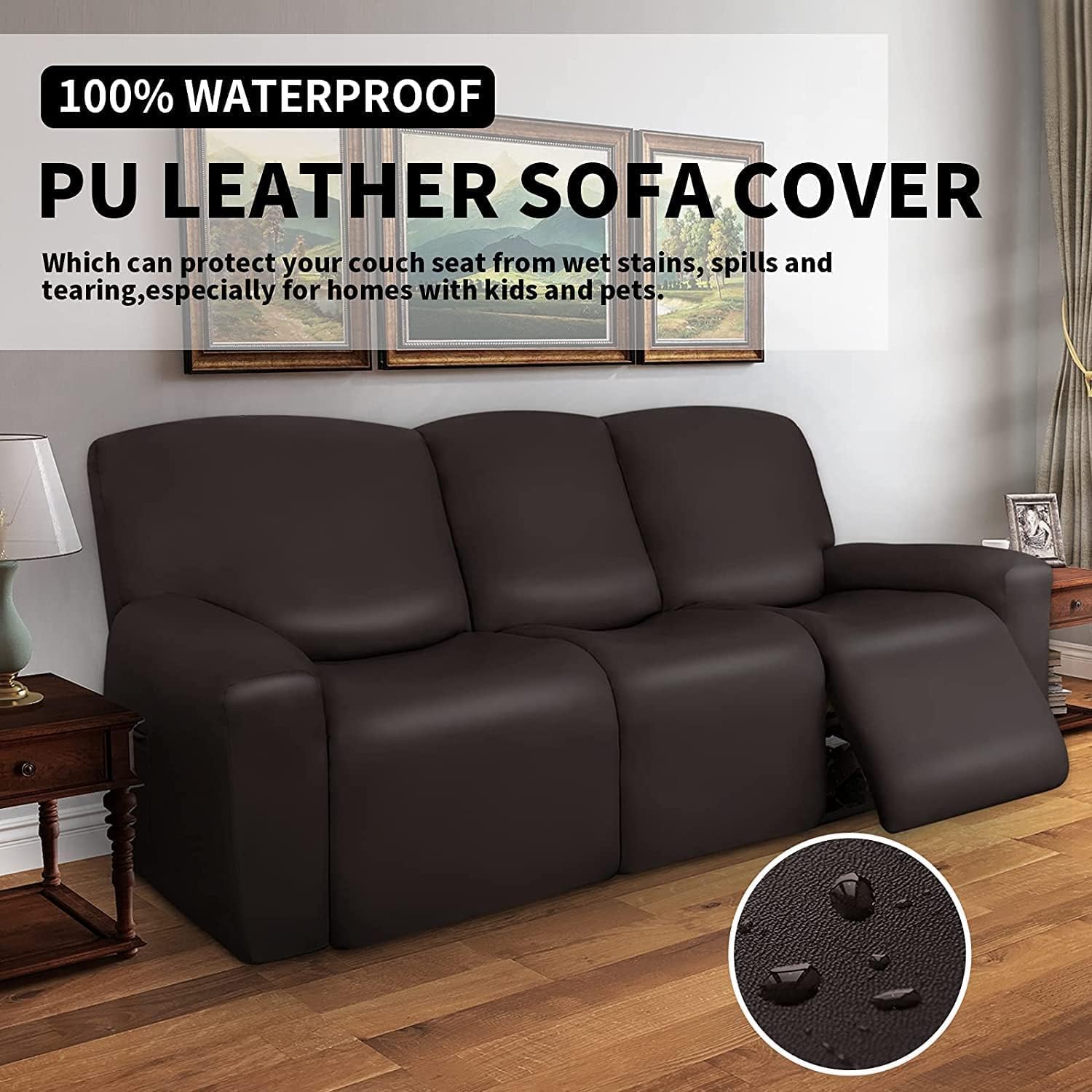 FXBZA PU Leather 1 2 3 Seater Recliner Slipcovers, Living Room Waterproof Stretch Recliner Sofa Covers with Side Pocket Furniture Slipcovers with Elastic Bottom