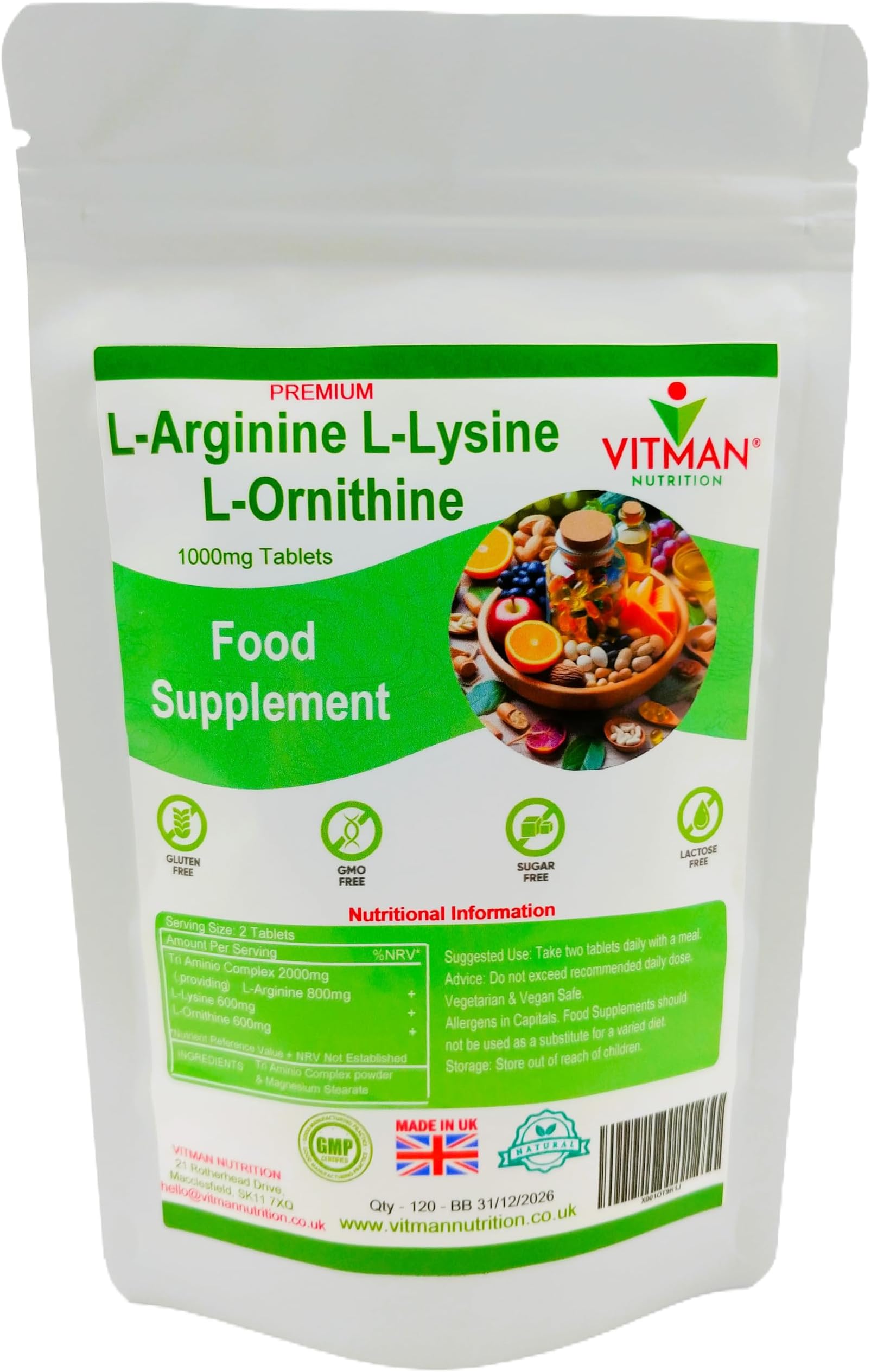 L-Arginine L-Lysine L-Ornithine Tablets - Synergistic Amino Acid Complex 120 x 800mg Pills - Health Supplement Bodybuilder Gym Muscle Mass Support - Promotes Optimal Assimilation & Absorption (120)