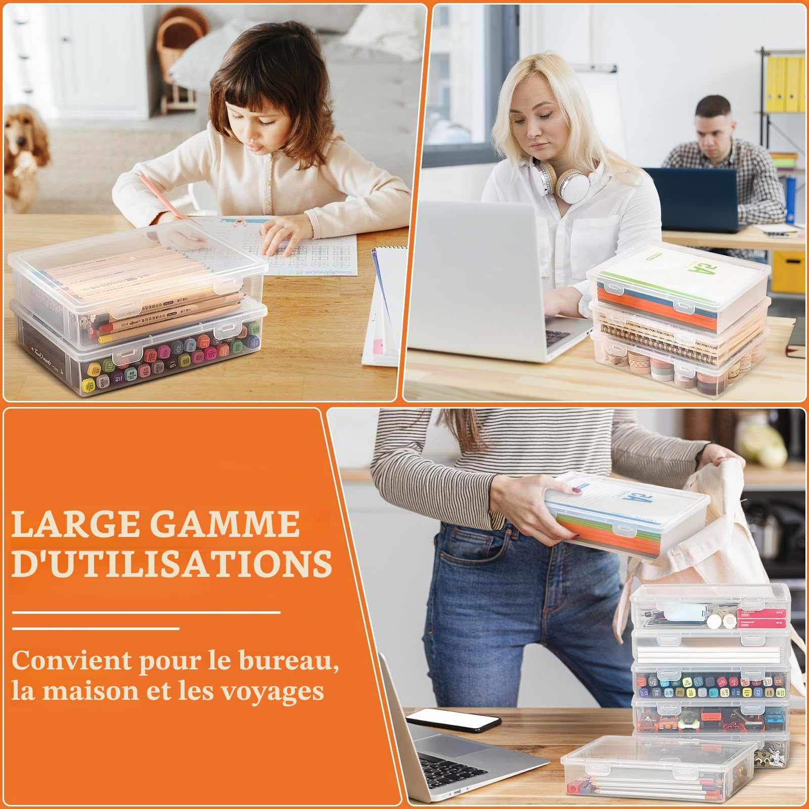 Boîtes de Rangement Pour Les Crayons, Boite Rangement Transparente Pour Crayons Avec Couvercle Imperméable, Empilable, Boite Rangement Plastique Pour Papeterie,Documents,Stylos,Photos (L)