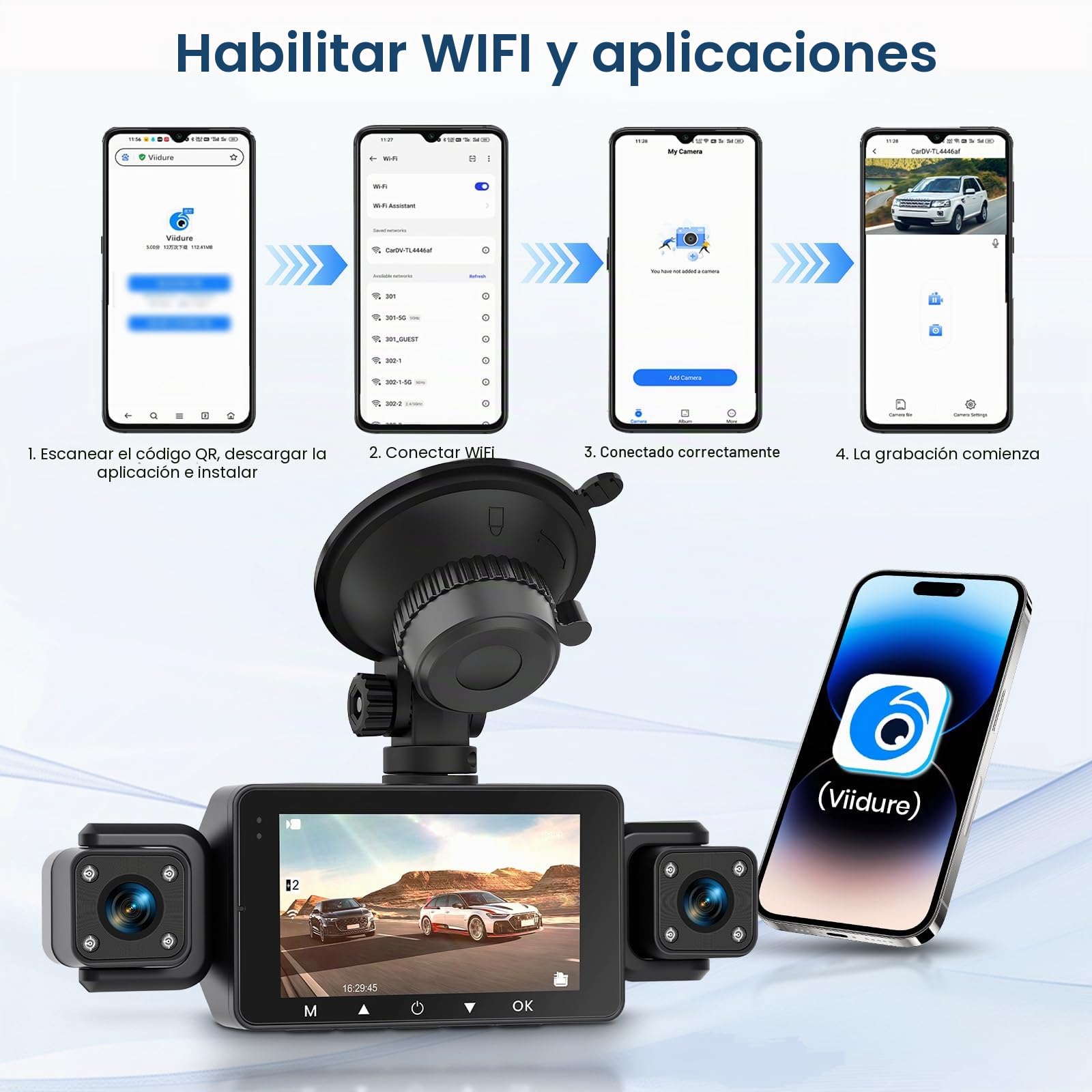 Hodozzy 1080P Cámara de Salpicadero Delantera y Trasera de 360° con 4 Cámaras con 5GHz WiFi, Visión Nocturna IR, Ayuda Inversa, Grabación en Bucle, Sensor G，Control del Ejercicio