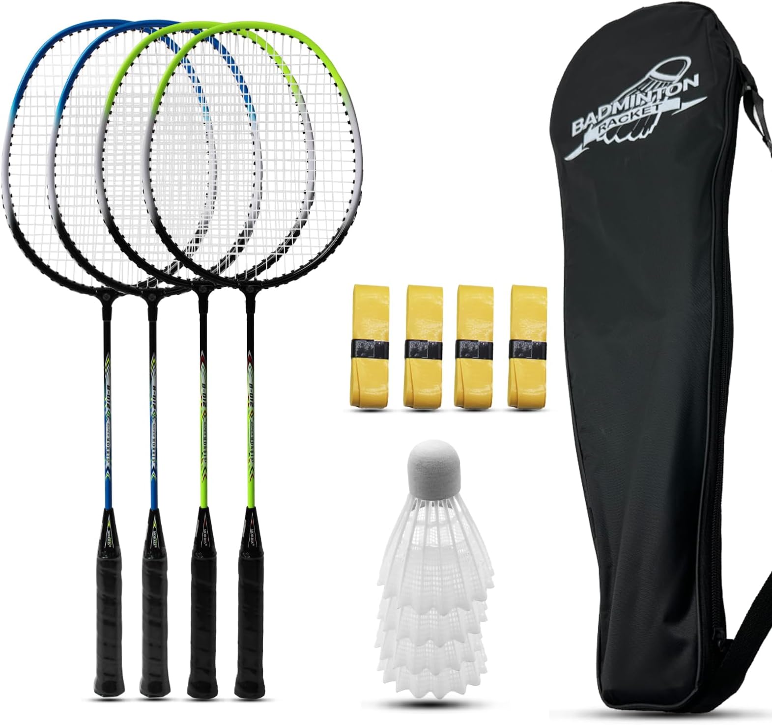Badminton Rackets Set of 4 for Outdoor Backyard Games, Including 4 Racquets,4 Shuttlecocks, 4 Replacement Grip Tapes & 1 Carry Bag