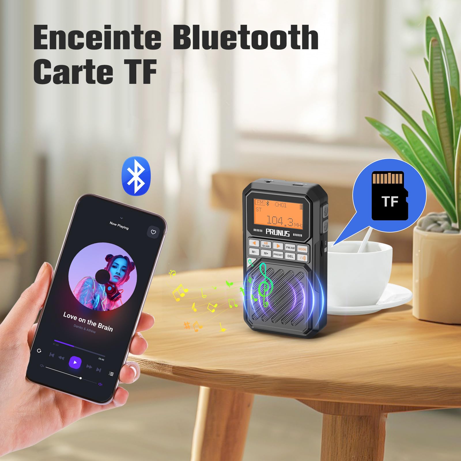 PRUNUS J-525 AM/FM Petite Radio Portable Bluetooth avec Batterie 2500 mAh, Minuterie Sommeil, MP3/TF