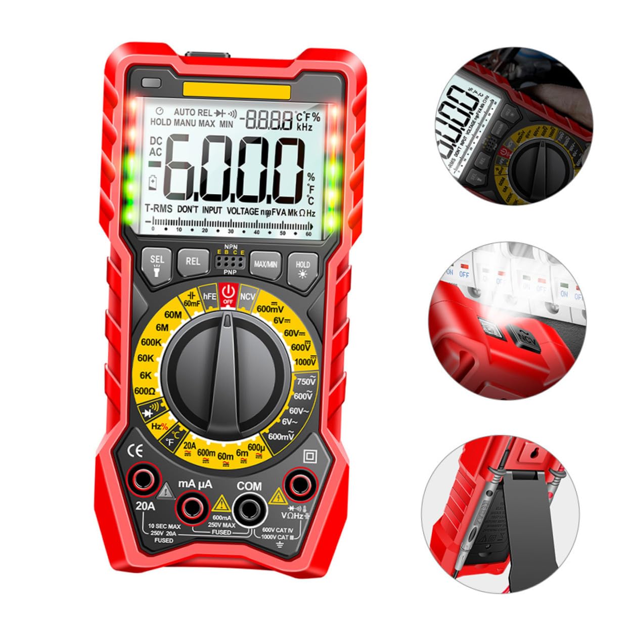 High Precision Digital Multimeter with Backlit Display LED Light Non-Contact Voltage Detector Multi Tester for Dc Ac Voltage Resistance Capacitance Frequency Temperature