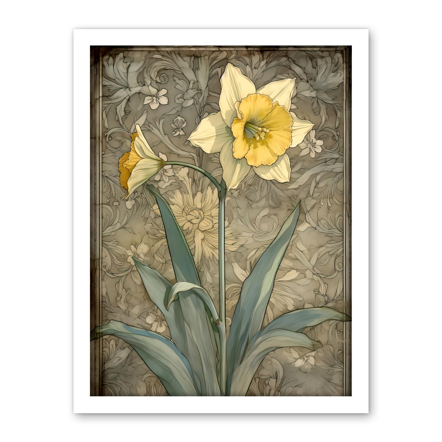 Artery8 Daffodil Flower Pastel Watercolour Art Nouveau Artwork Framed Wall Art Print 18X24 Inch