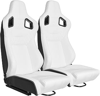 2 PCS Universal Racing Seats with Dual Lock Sliders, White PVC Leather White Diamond Stitch Bucket Seats, 165° Adjustment, For Car Use, Not Including Seat Bracket