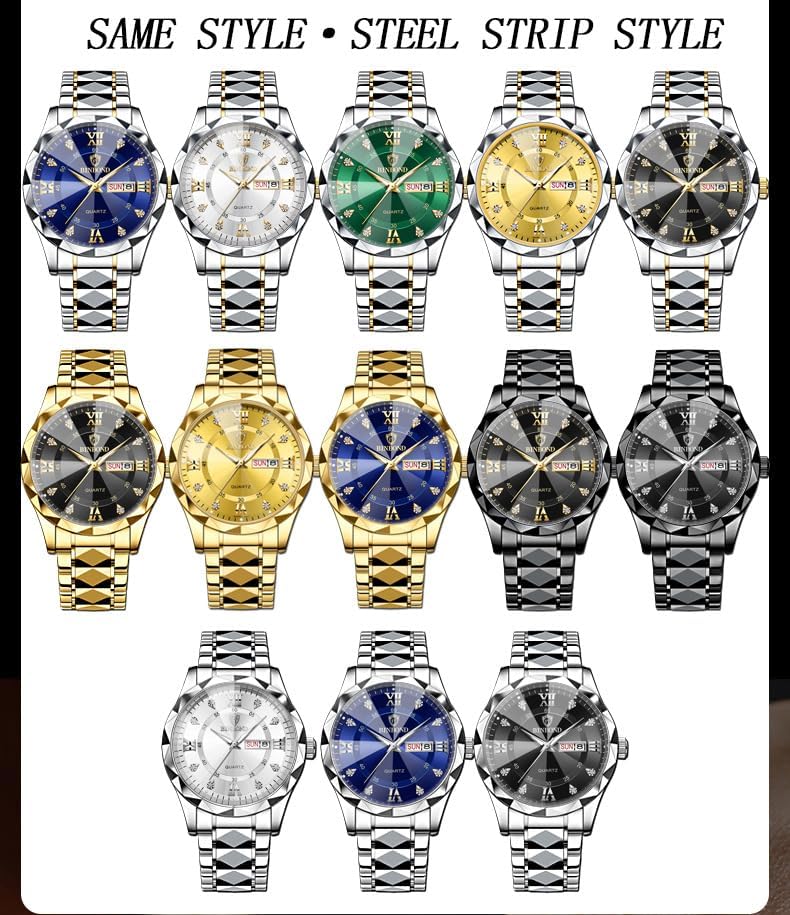 Gosasa Luxury Men's and Women's Business Diamond Stainless Steel Waterproof Roman Numeral Analog Quartz Watch with Day-Date Calendar, Gold and Silver Tone Men Gold Blue image 5 of 6 B0DP6M67DY