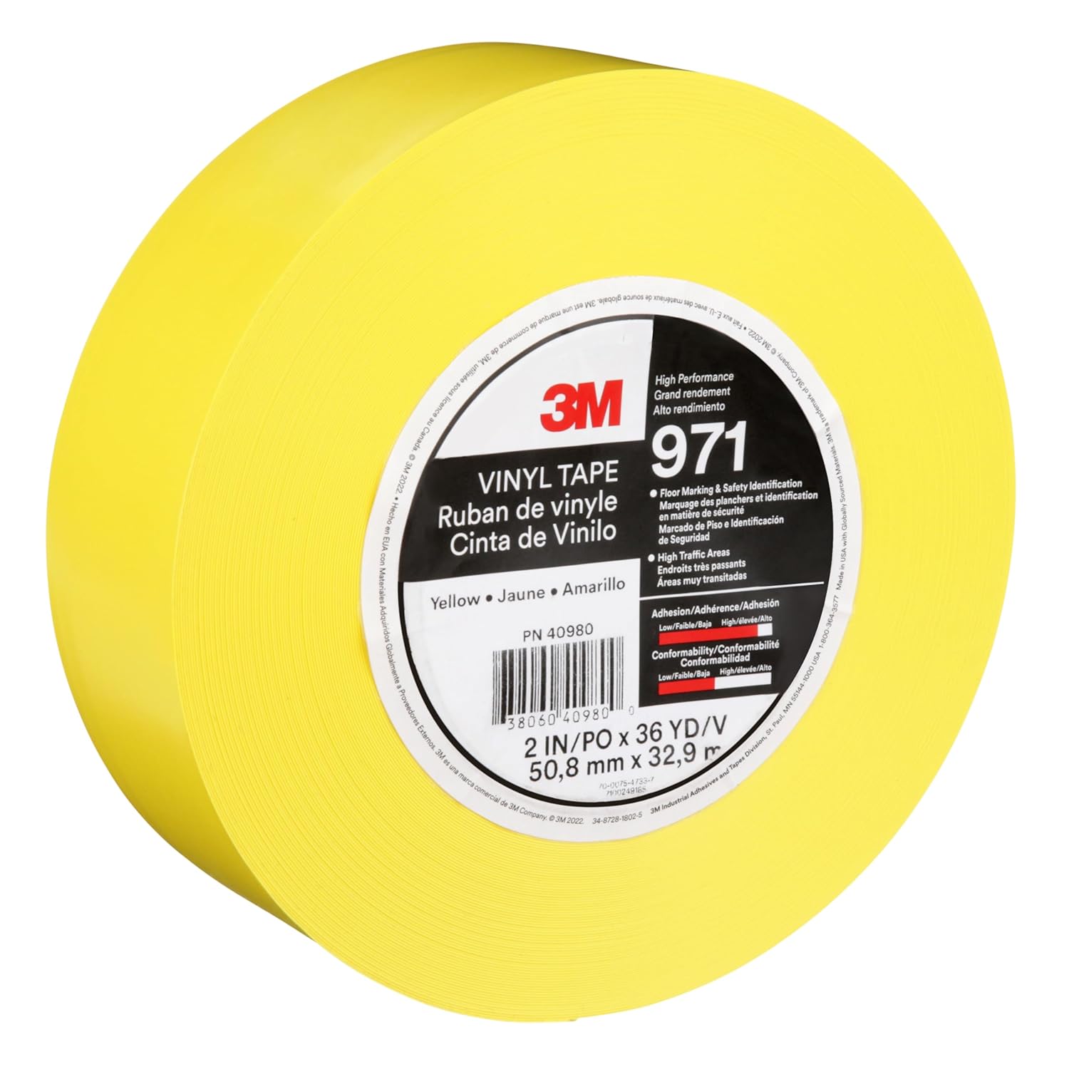 3M Durable Floor Marking Tape 971, Yellow, 2 in x 36 yd, 17 mil, Heavy Duty Vinyl Great for High-Traffic Areas, Color-Coding, Vibrant, Clean Removal