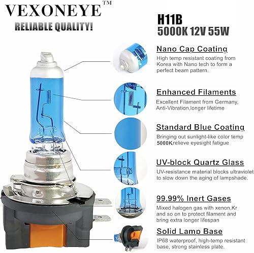 Miniatura 4 de FulSoulComM H11B Bombilla halógena para faros delanteros H11B 12V 55W Blanco 5000K 61493 Luces de larga vida útil 2 unidades