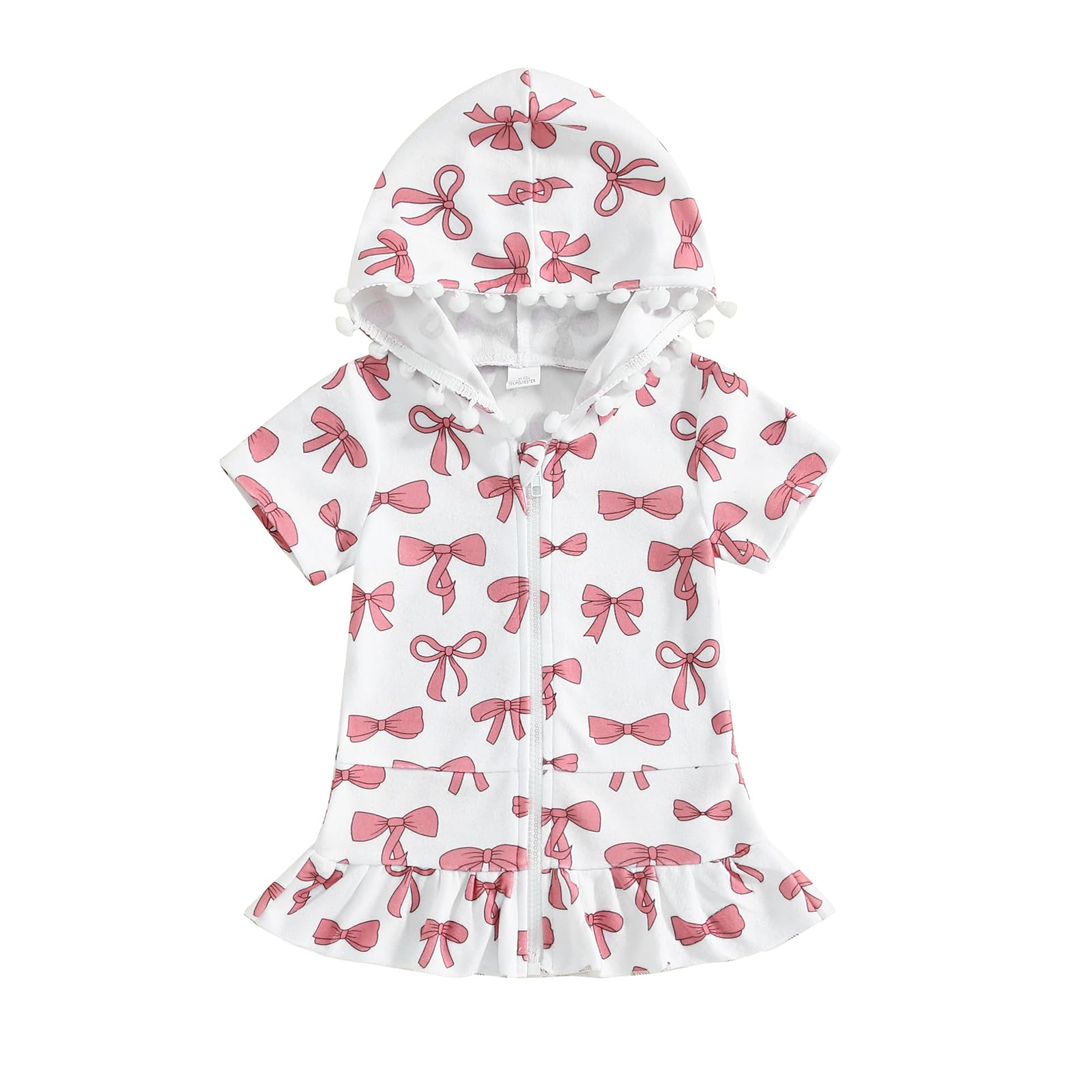 Girls Terry Cloth Swim Cover Up Zip Up Hooded Bathing Suit Coverup Wraps Rufled Kids Pool Beach Robe Cover-Up Dress (Bowknot White, 1-2T)