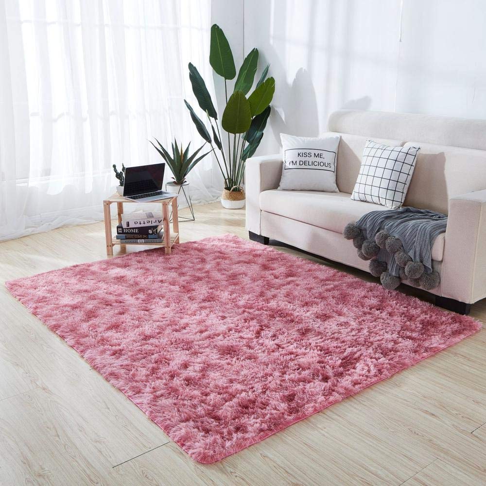 ZJXSNEH Fluffy Soft Carpet, Non Slip Emulsion Bottom, Shaggy Area Rug for Bedroom Living Room, Best for Kids and Babies Tie Dye Dark Pink 60x160cm