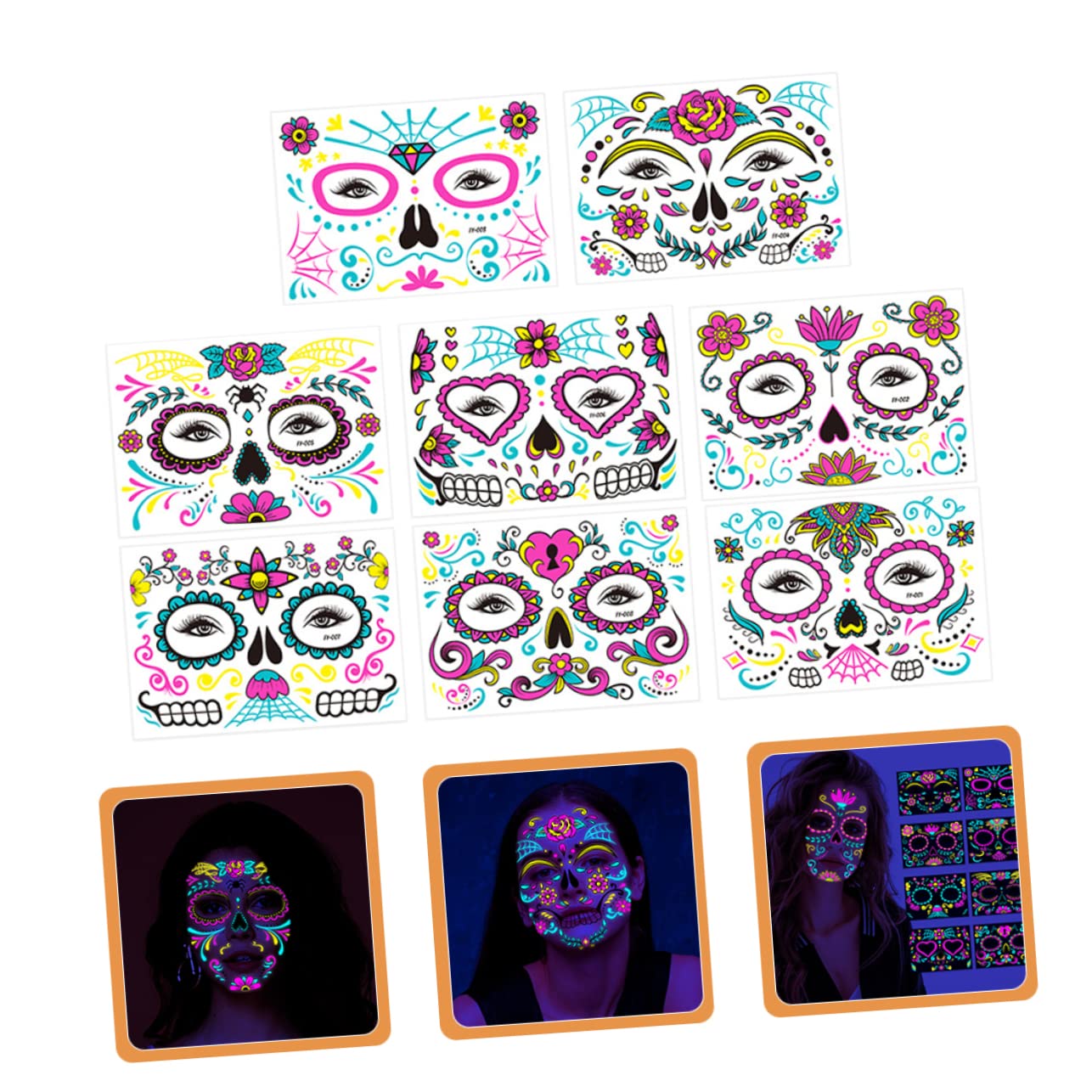 FRCOLOR 32 Hojas Facial Temporal Tatuajes Que Brillan En La Oscuridad Rosa Pegatina De Maquillaje De Halloween Dia De La Pegatinas De Transferencia Mujer Tato Paseo
