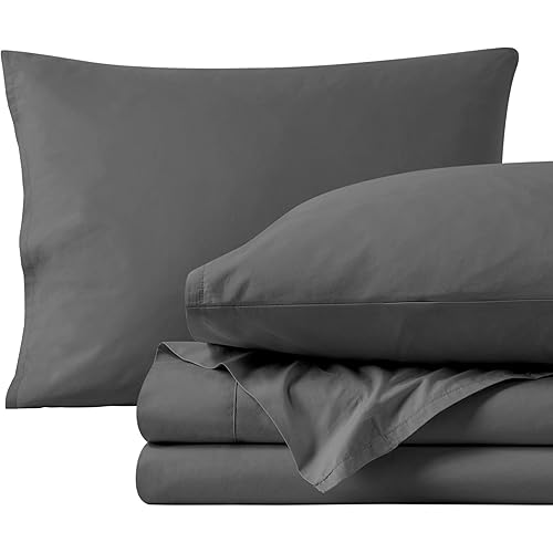 Bare Home 100% Organic Cotton Queen Sheet Set - Crisp Percale Weave - Cool, Breathable, and Hypoallergenic - Bedding Sheets & Pillowcases - Luxury Hotel Sheet Set (Queen, Grey)