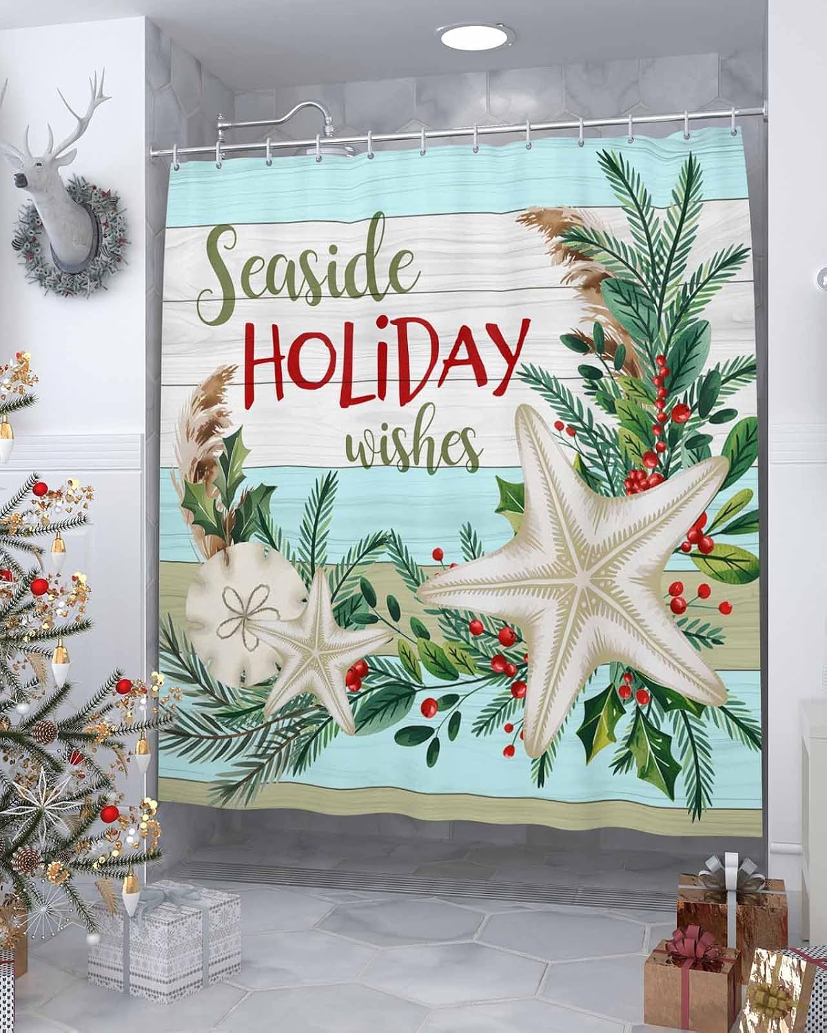 Coastal Christmas Shower Curtain, Waterproof Washable Boho Funny Cute Shower Curtains Set for Bathroom Bathtubs Curtains Decor Set, 72"Wx96"L with Hooks Seaside Holiday Wishes Xmas Beach Starfish