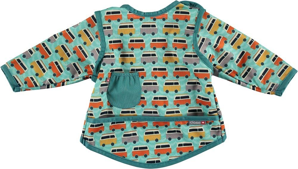 Close Pop-in Waterproof Baby Bibs Long Sleeve Bib with Front Pocket from 6 to 18 Months Old Machine Washable at 40 Degrees Campervan Green Colour Print