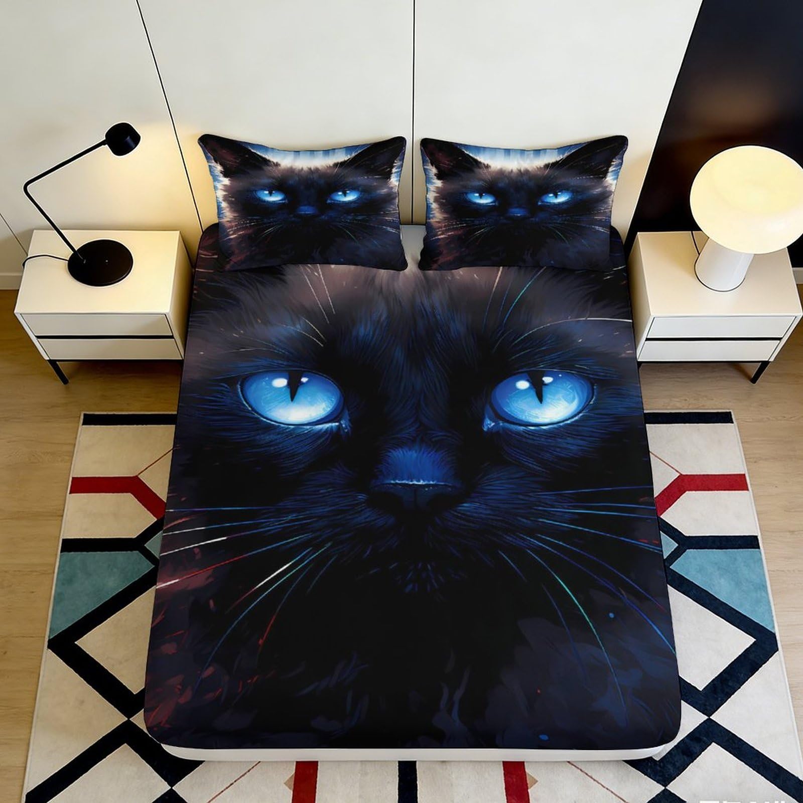 3D Printed Black Cat Fitted Sheet Microfiber Soft Blue Eyes Mattress Cover for Bedroom Dorm Decor Protection 90x200x25cm