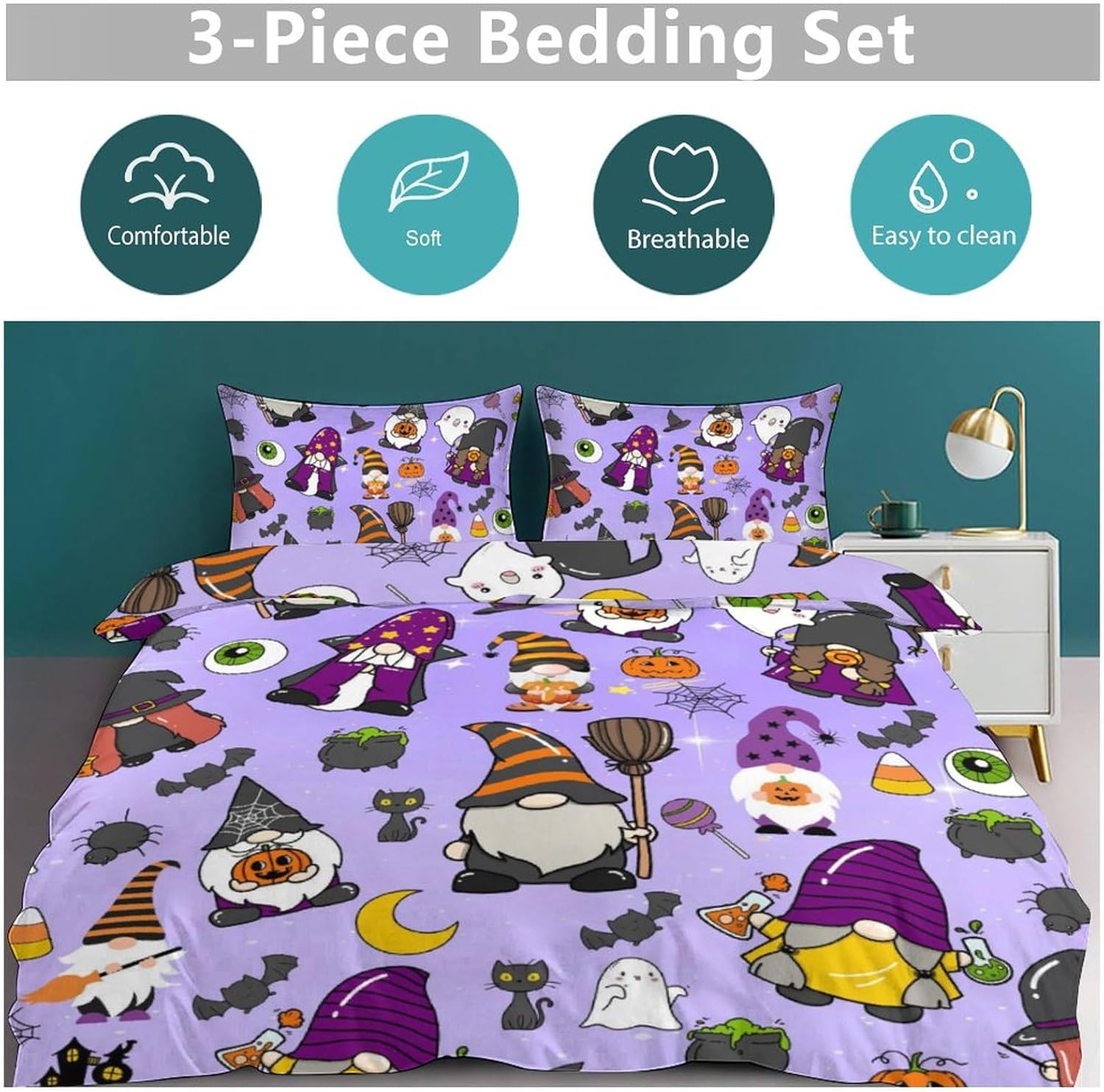 Halloween Ghosts Gnome Duvet Cover for Girls Boys Purple Boo Halloween Bedding Set Super Soft Cartoon Witch Hat Spider Webs Spooky Duvet Cover Set Pumpkin Bat Comforter Cover Set 3 Pieces Quilt Set